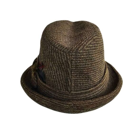 Vintage Brown Tweed Fedora Hat Feather Accent Size 7 1/8 Men’s Lined - Picture 3 of 11